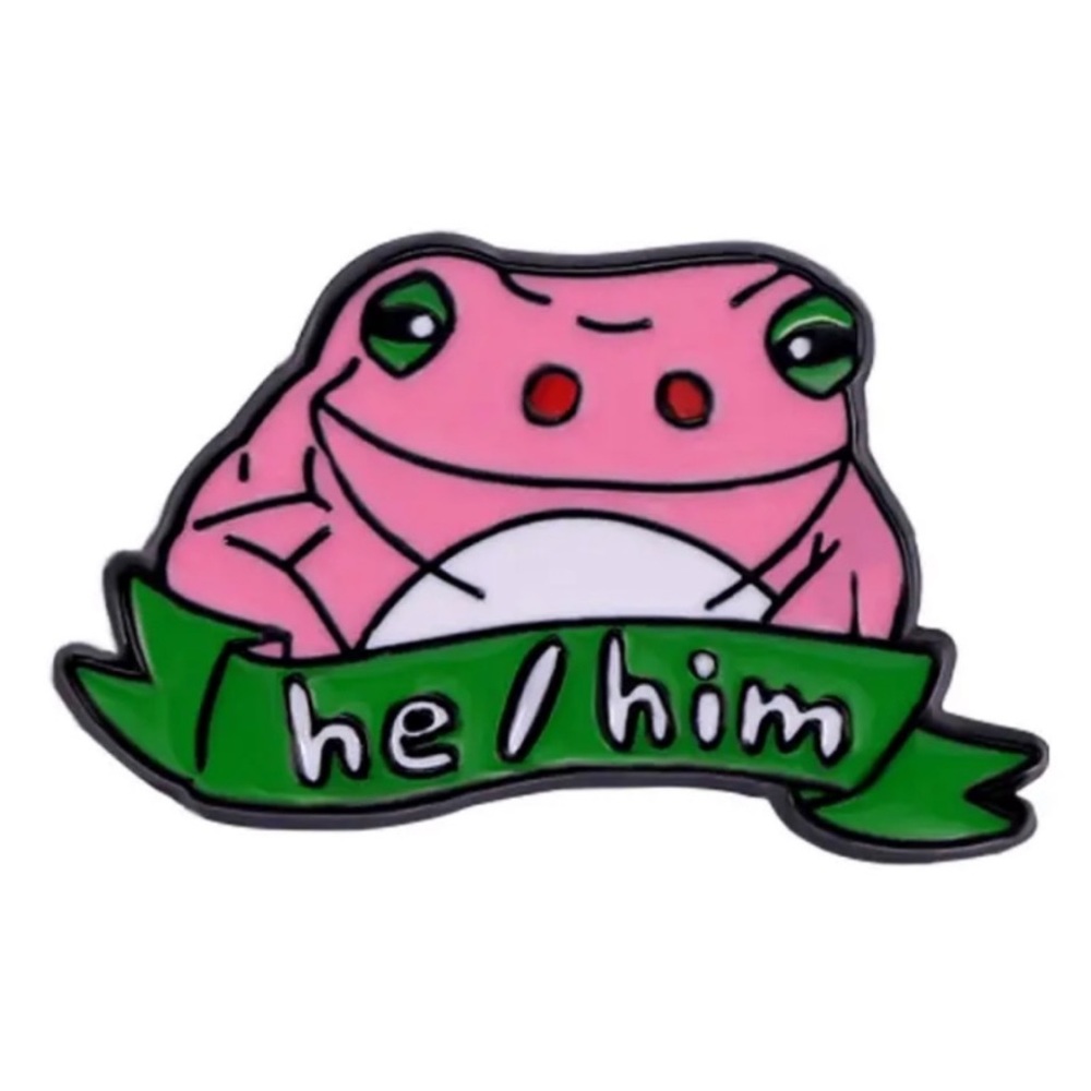 HE/HIM Frog Enamel Pin Bright Pink Mens Pronoun Lanyard Lapel Badge